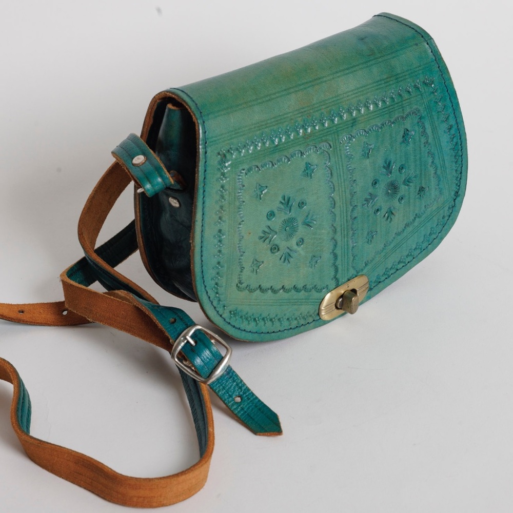 Vintage Handmade Handdyed Turquoise Moroccan Embossed Leather Crossbody Satchel